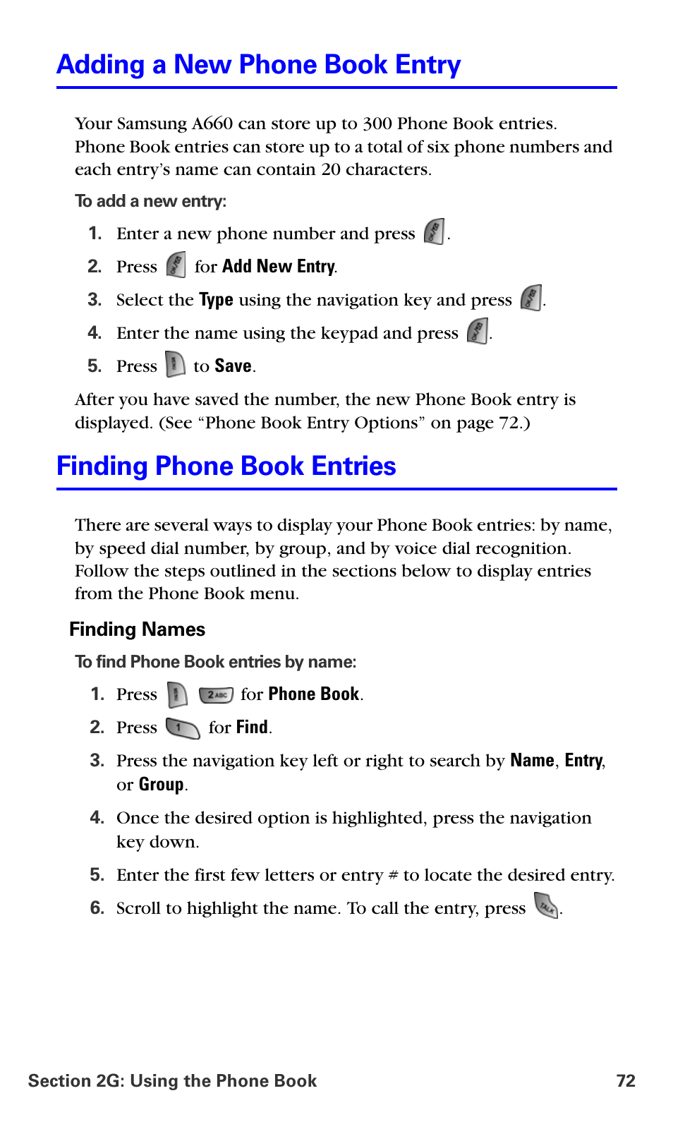 Adding a new phone book entry, Finding phone book entries | Samsung A660 User Manual | Page 79 / 158