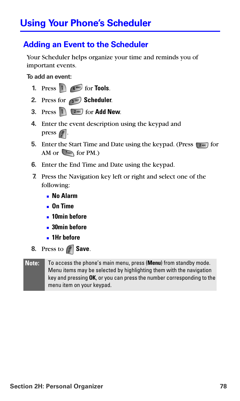 Using your phone’s scheduler, Adding an event to the scheduler | Samsung A660 User Manual | Page 85 / 158