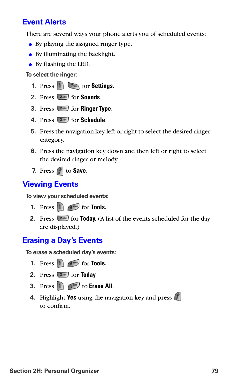 Event alerts, Viewing events, Erasing a day’s events | Samsung A660 User Manual | Page 86 / 158