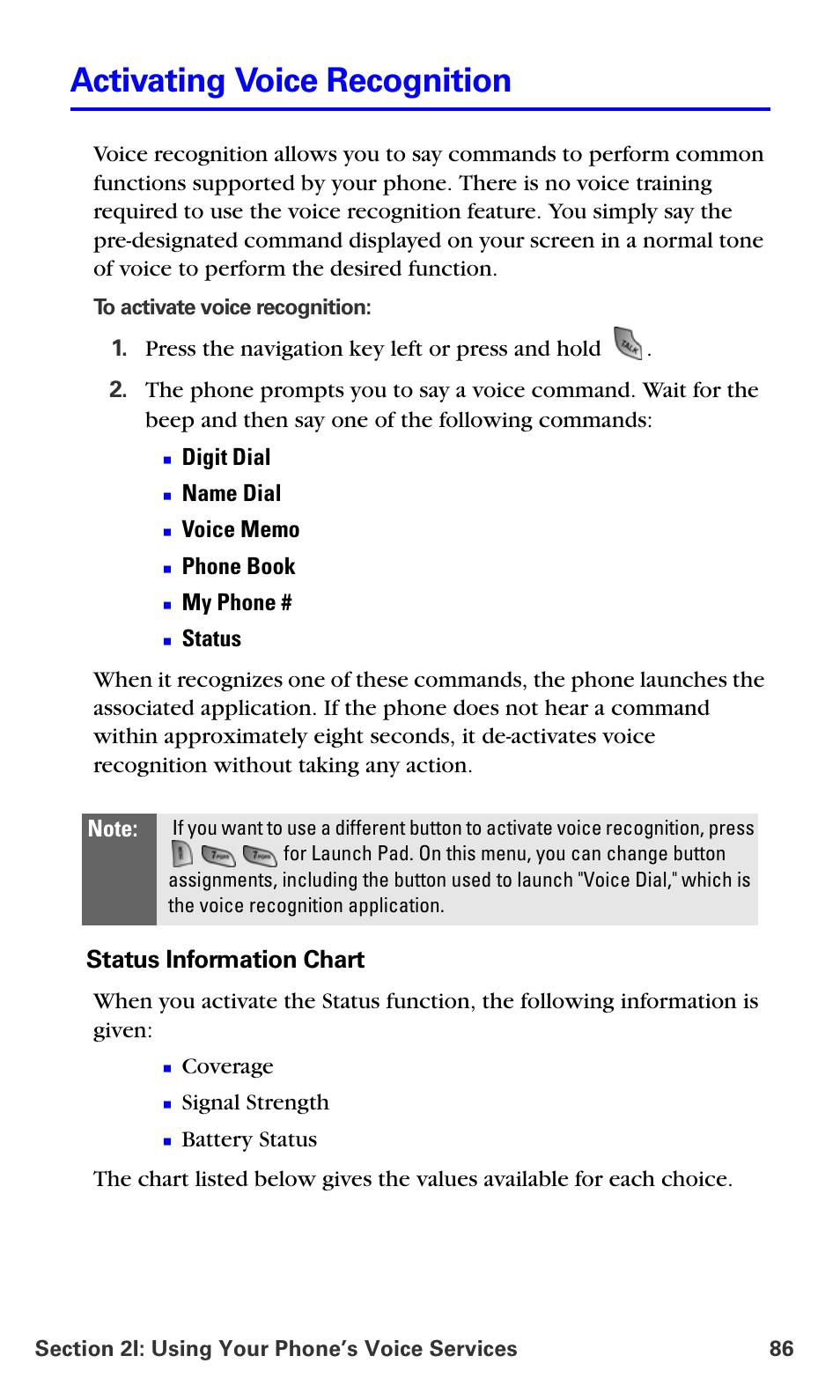 Activating voice recognition, Status information chart | Samsung A660 User Manual | Page 93 / 158