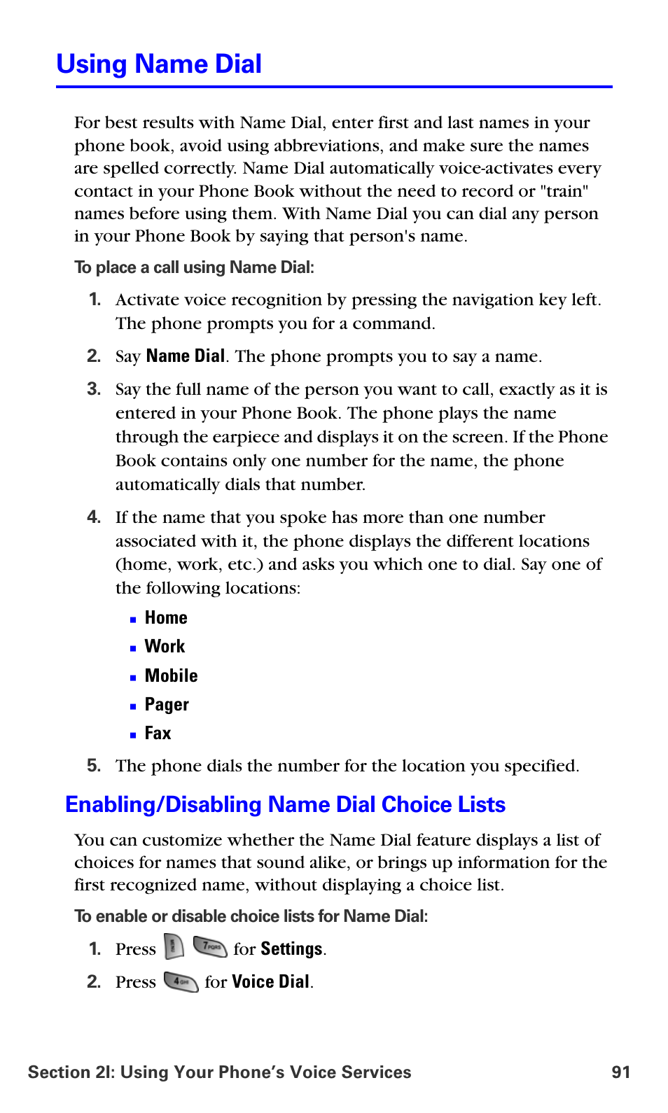 Using name dial, Enabling/disabling name dial choice lists | Samsung A660 User Manual | Page 98 / 158