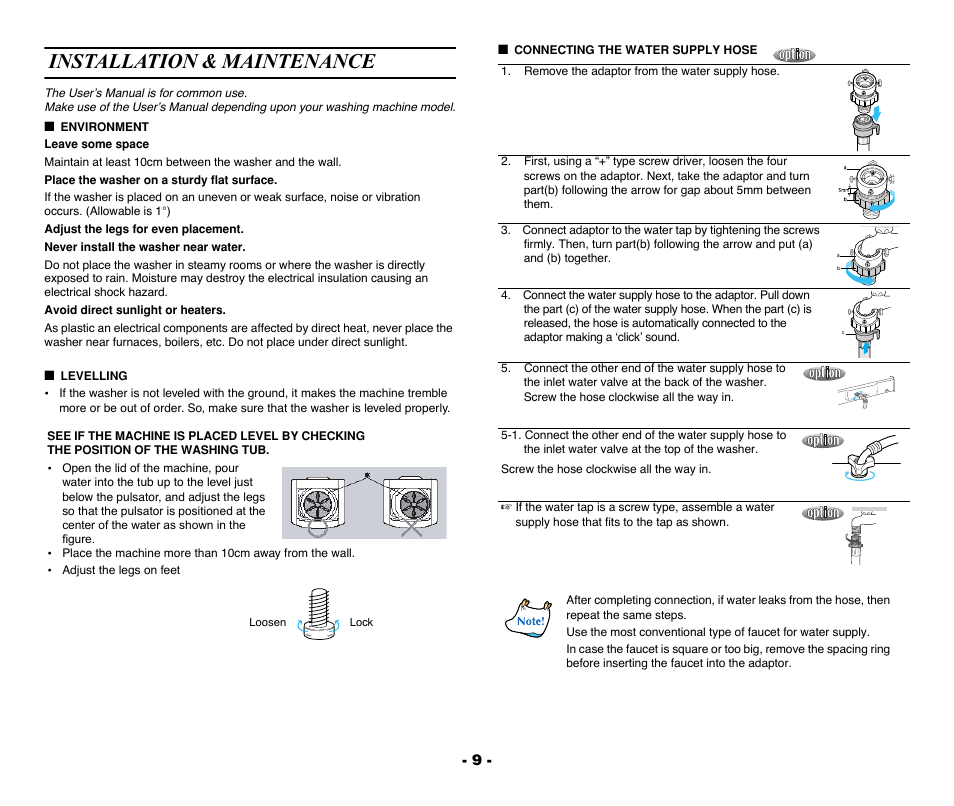 Installation & maintenance, Environment, Levelling | Connecting the water supply hose | Samsung DC68-02040A-01 User Manual | Page 10 / 14