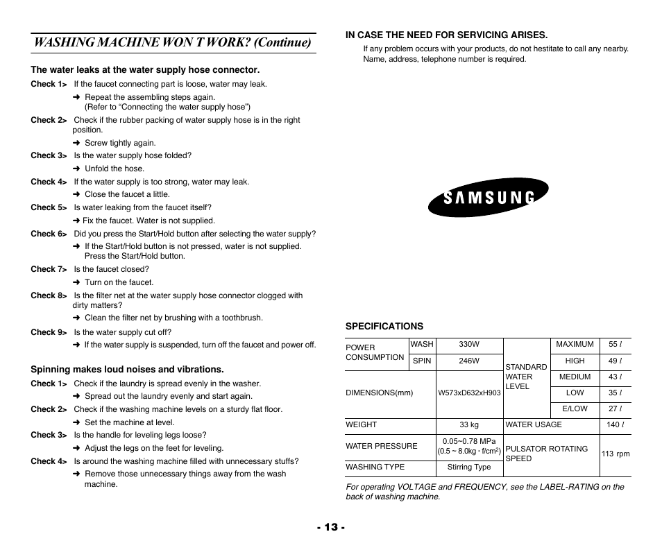 Washing machine won’t work? (continue), Washing machine won t work? (continue) | Samsung DC68-02040A-01 User Manual | Page 14 / 14