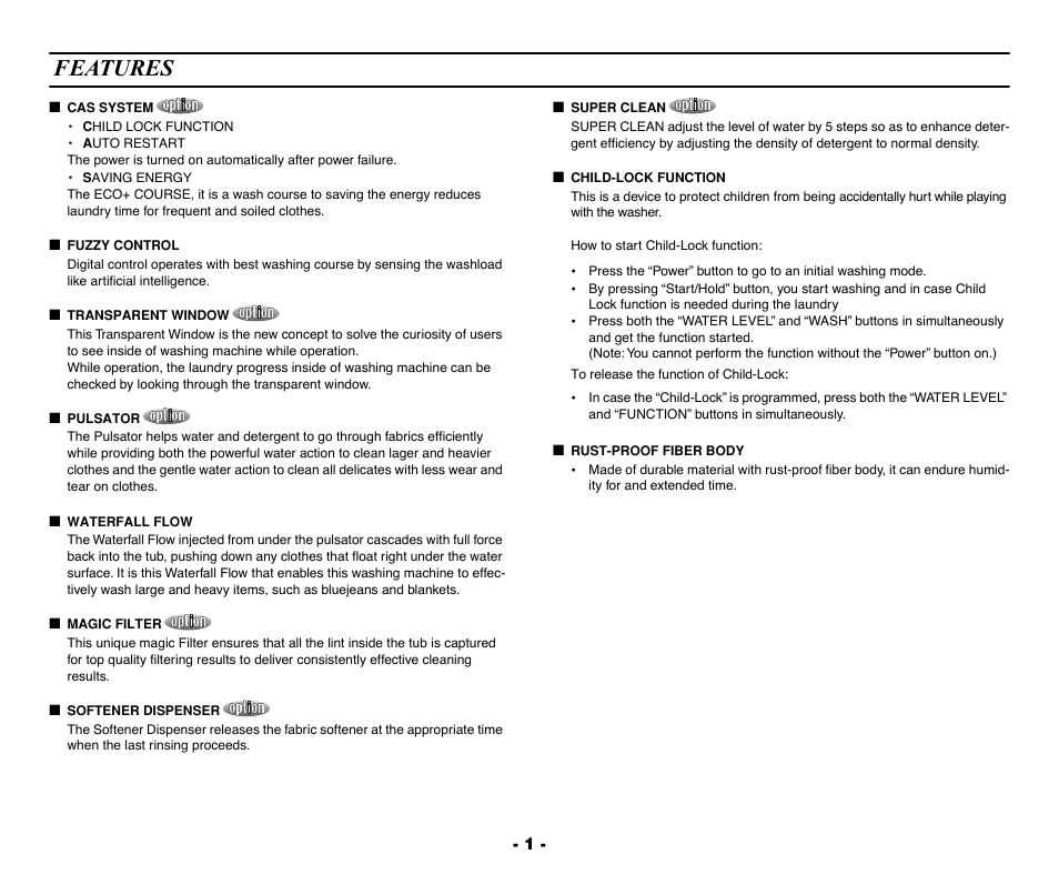 Features, Cas system, Fuzzy control | Transparent window, Pulsator, Waterfall flow, Magic filter, Softener dispenser, Super clean, Child-lock function | Samsung DC68-02040A-01 User Manual | Page 2 / 14