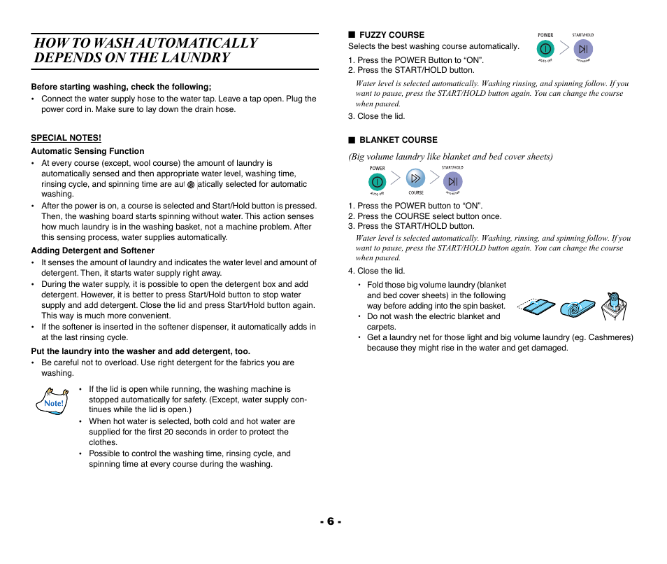 How to wash automatically depends on the laundry, Fuzzy course, Blanket course | Samsung DC68-02040A-01 User Manual | Page 7 / 14