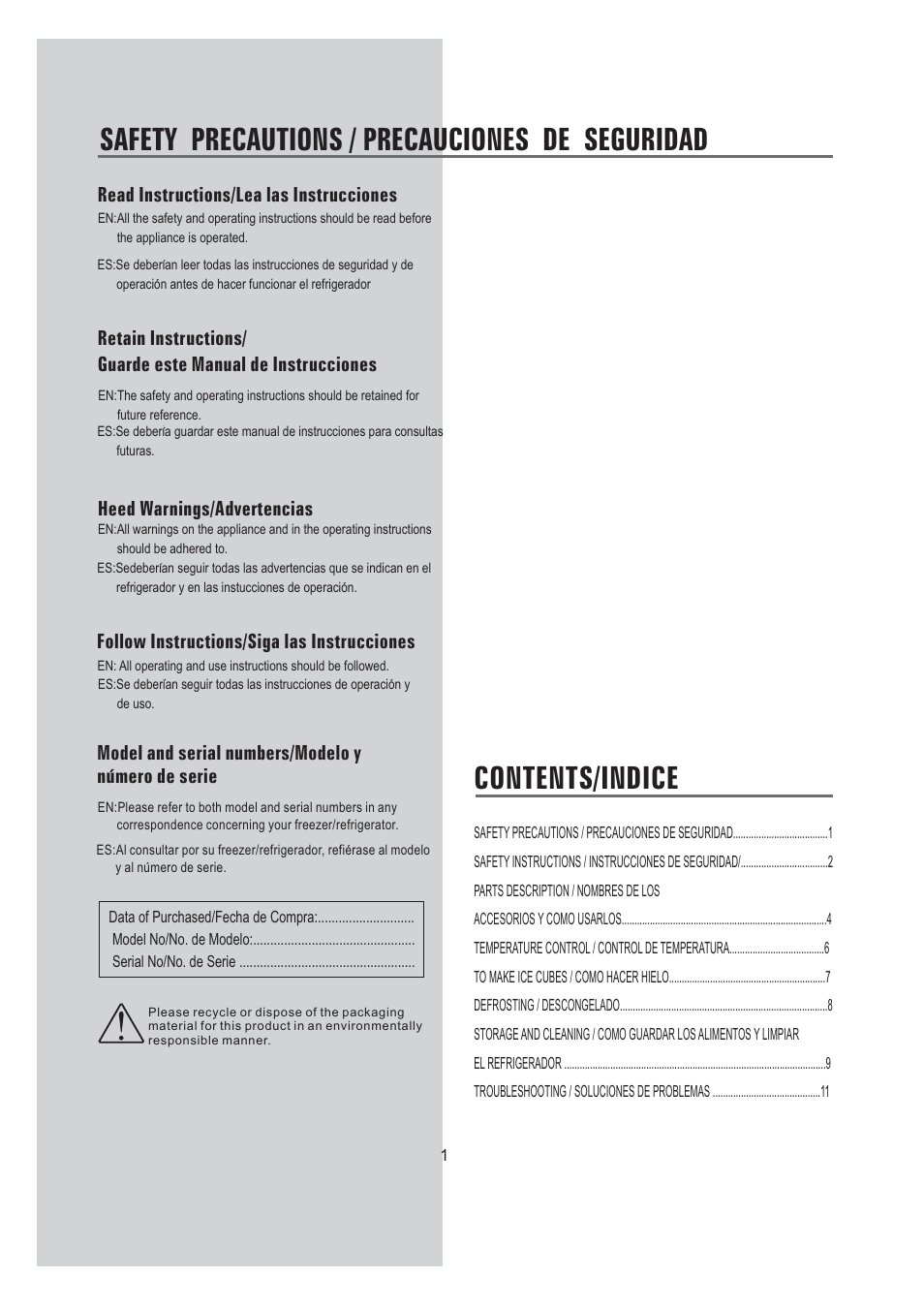 Safety precautions / precauciones de seguridad, Contents/indice, Read instructions/lea las instrucciones | Heed warnings/advertencias, Follow instructions/siga las instrucciones, Model and serial numbers/modelo y numero de serie | Samsung SRG-058  EN User Manual | Page 2 / 15