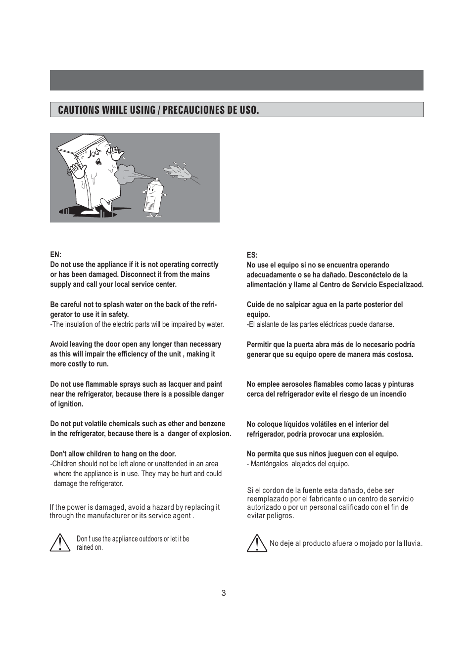 Cautions while using / precauciones de uso | Samsung SRG-058  EN User Manual | Page 4 / 15