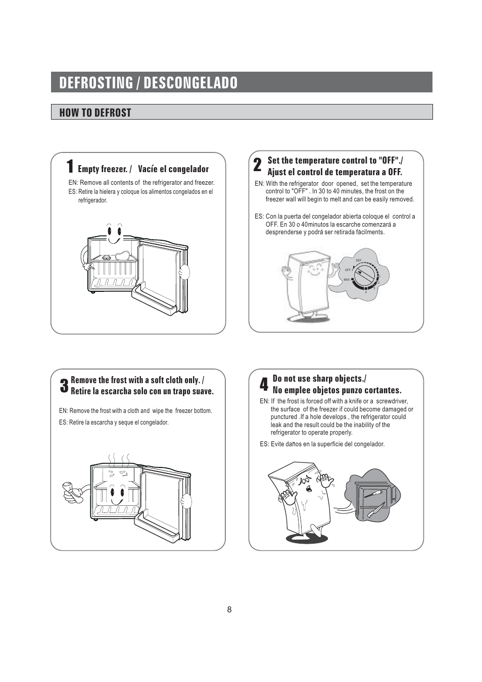 Defrosting / descongelado, How to defrost | Samsung SRG-058  EN User Manual | Page 9 / 15