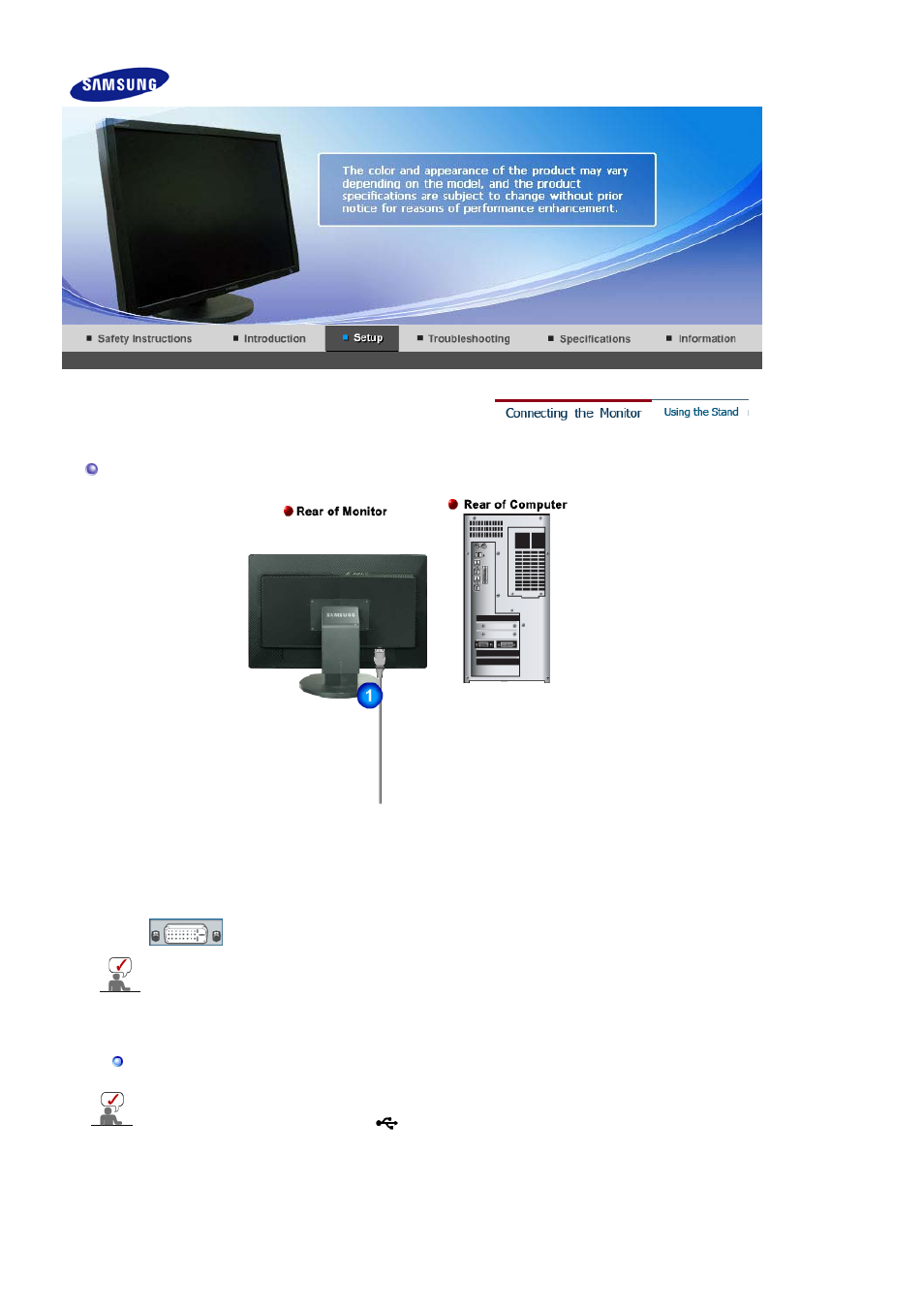 Setup, Connecting the monitor | Samsung SyncMaster 305T User Manual | Page 14 / 30