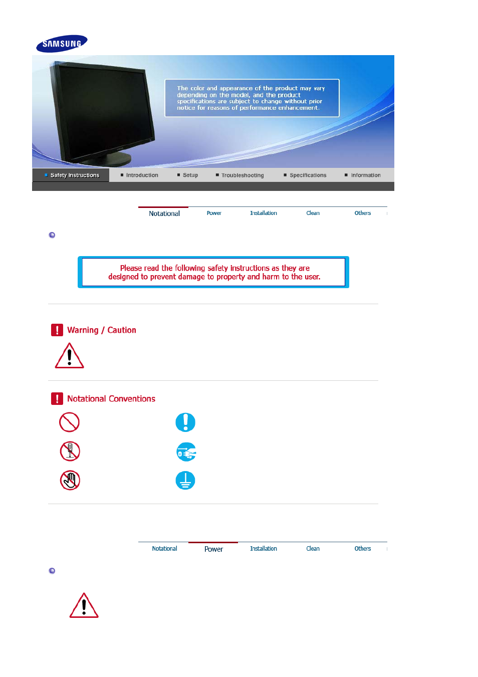 Safty instructions, Notational, Power | Samsung SyncMaster 305T User Manual | Page 2 / 30