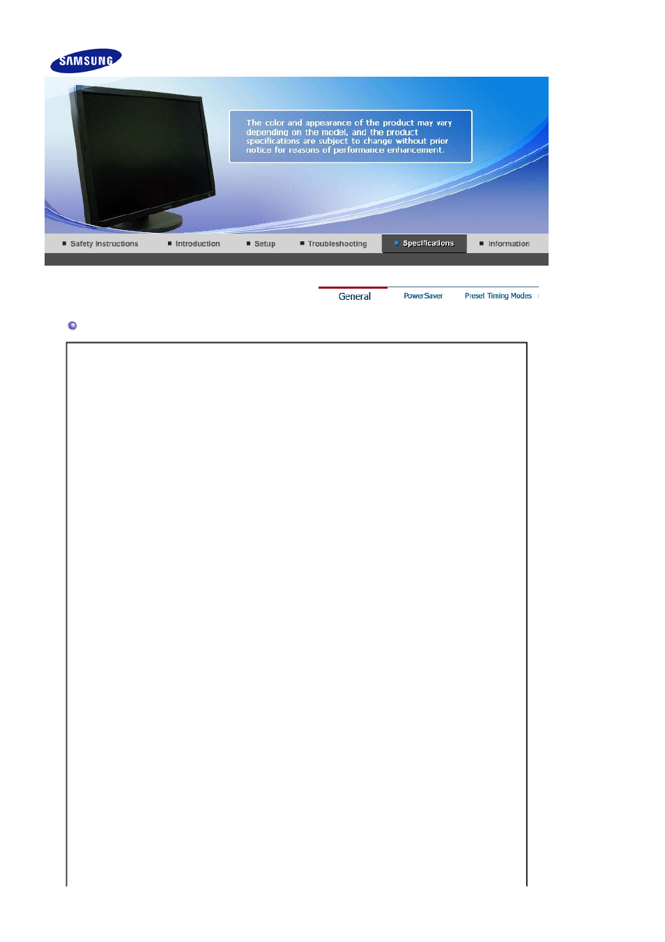 Specifications, General | Samsung SyncMaster 305T User Manual | Page 20 / 30