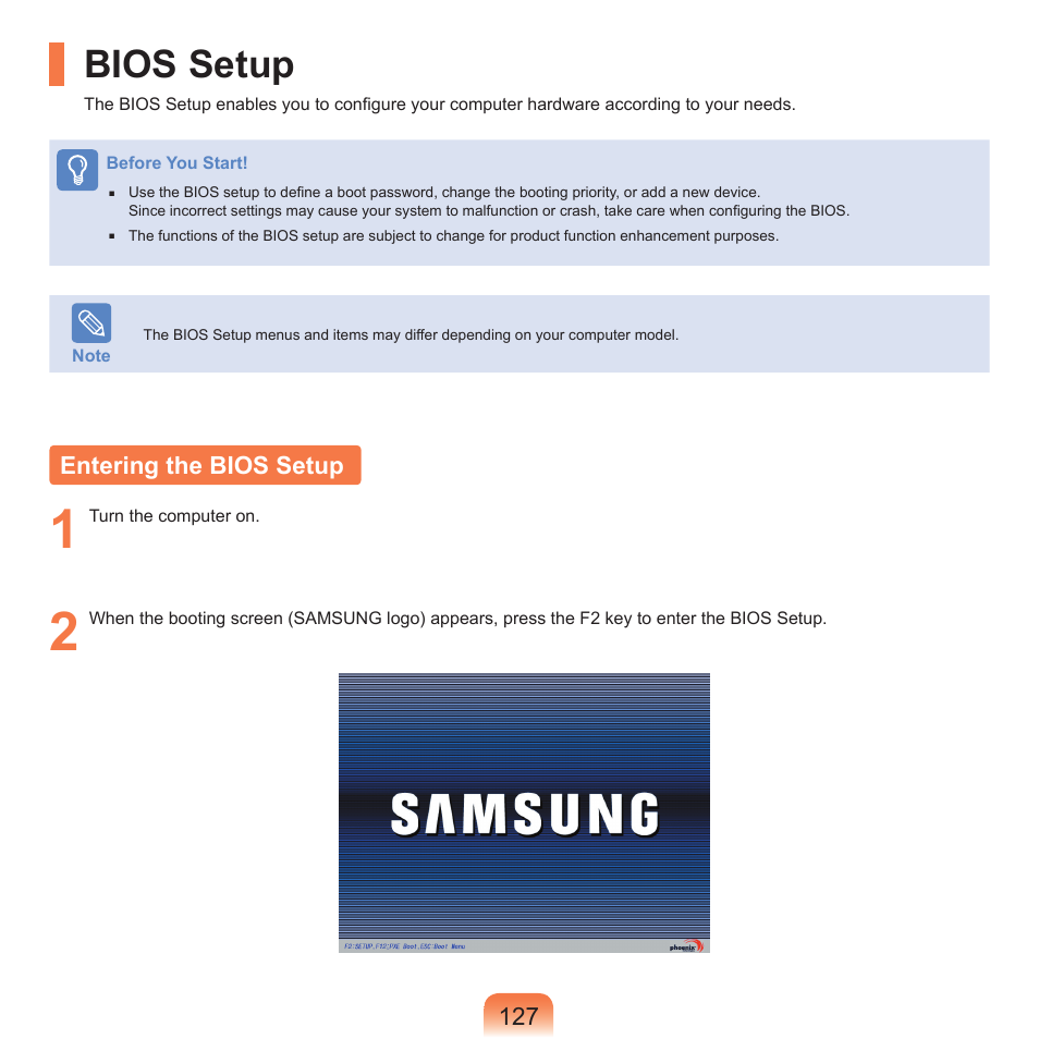 Bios setup, Entering the bios setup | Samsung Q71 User Manual | Page 128 / 191