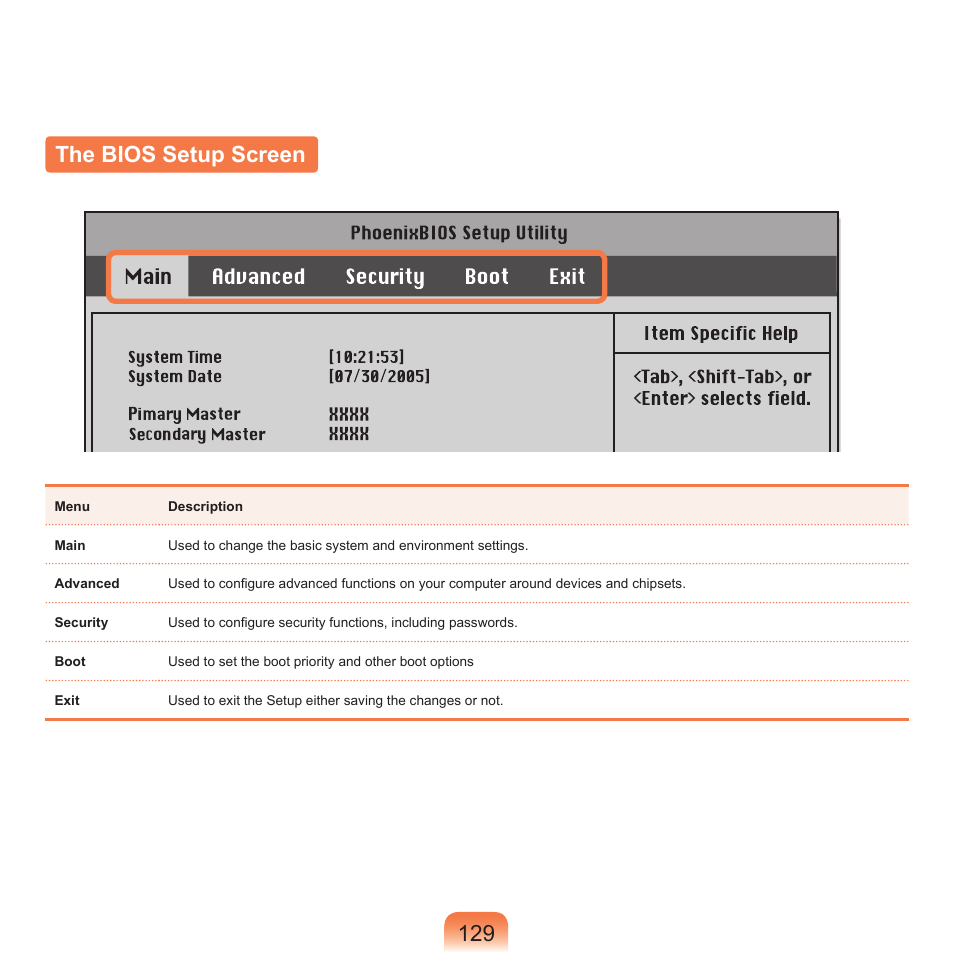 The bios setup screen, 129 the bios setup screen | Samsung Q71 User Manual | Page 130 / 191