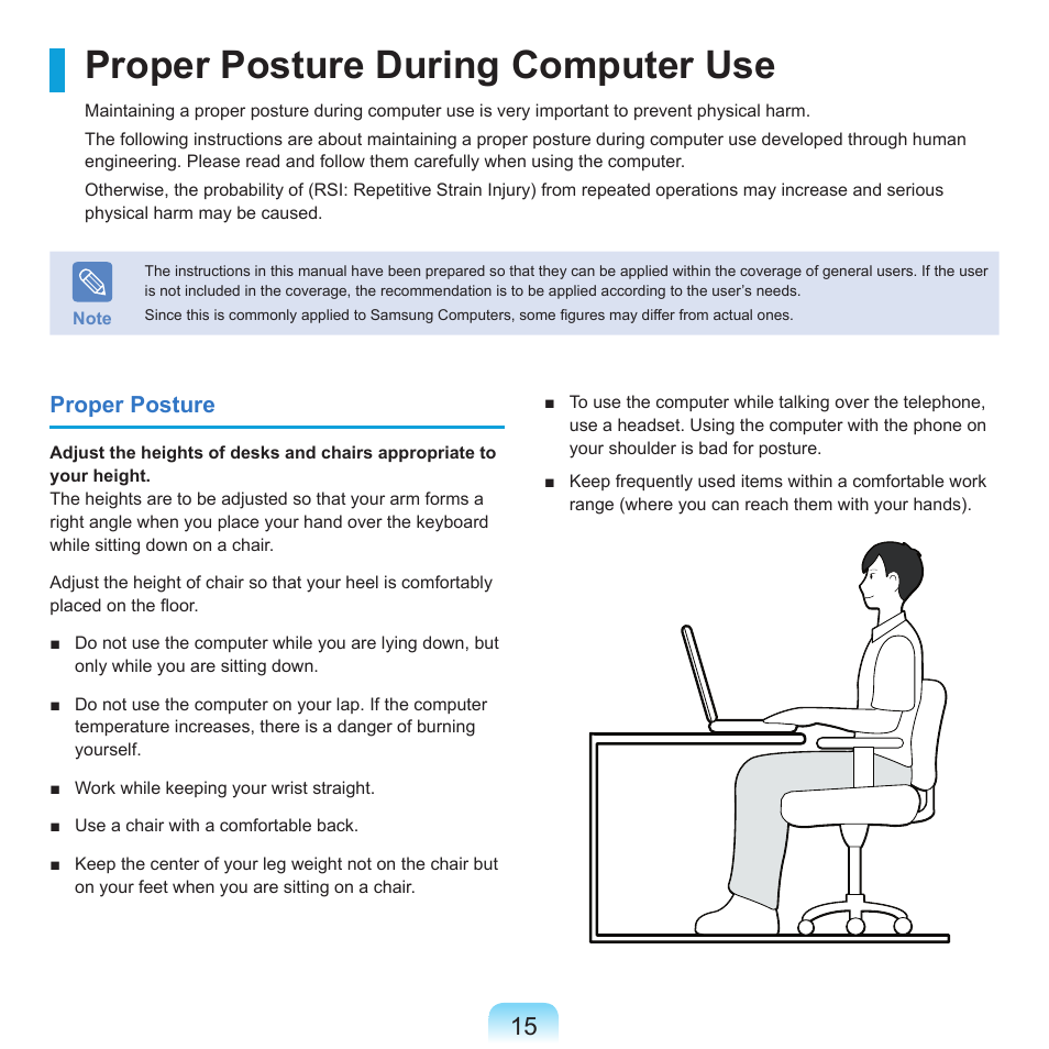 Proper posture during computer use | Samsung Q71 User Manual | Page 16 / 191