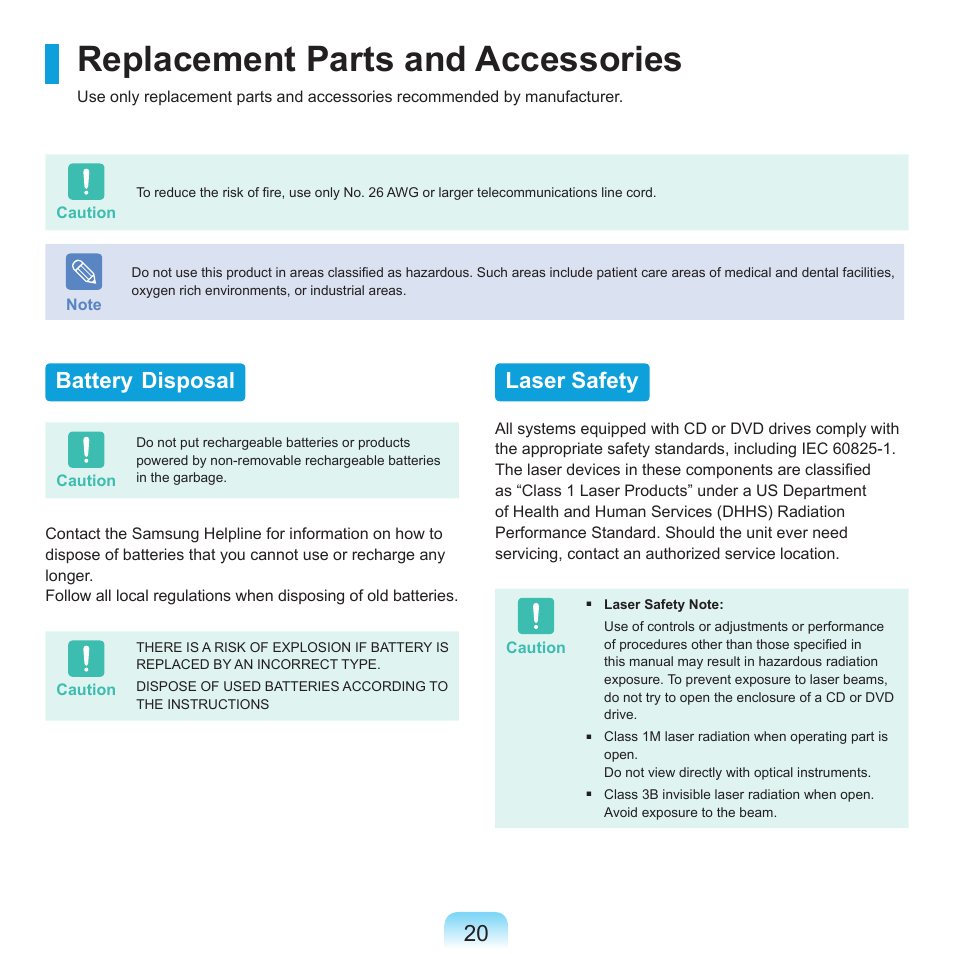 Replacement parts and accessories, Battery disposal, Laser safety | Samsung Q71 User Manual | Page 21 / 191