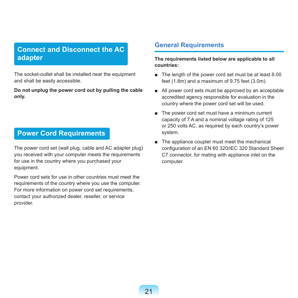 Connect and disconnect the ac adapter, Power cord requirements | Samsung Q71 User Manual | Page 22 / 191