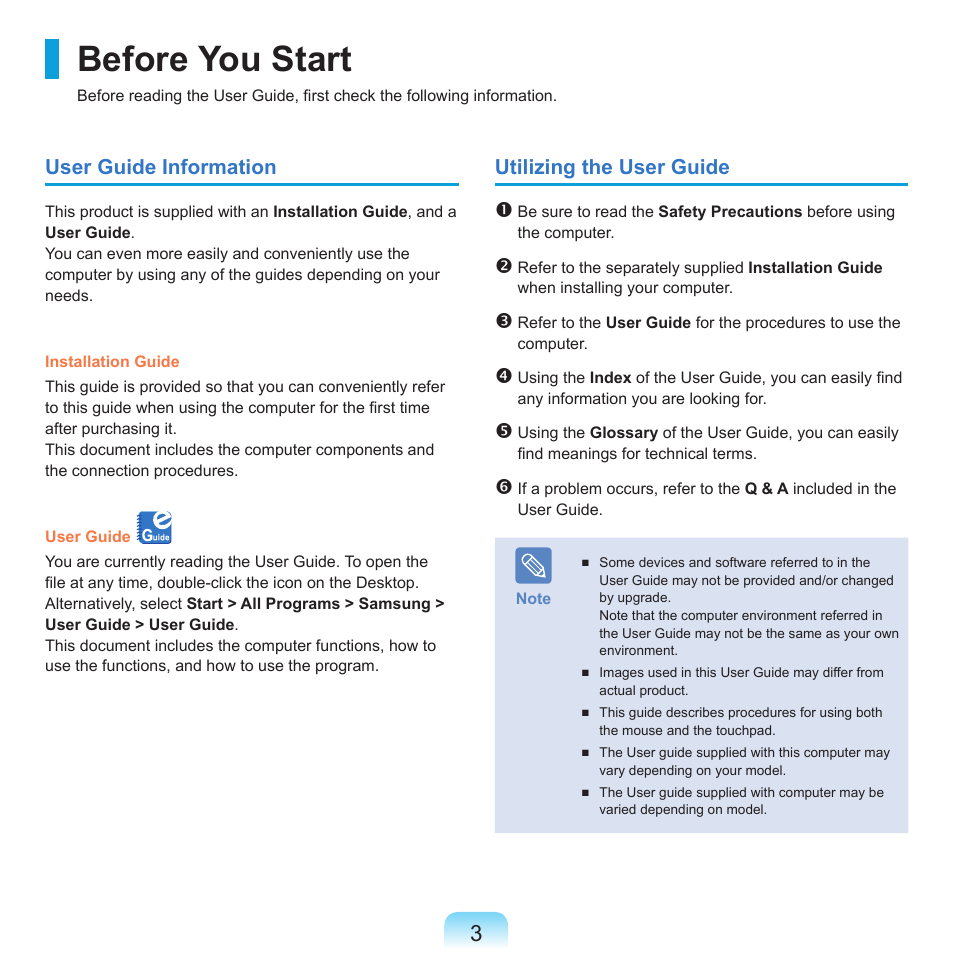 Before you start, User guide information, Utilizing the user guide | Samsung Q71 User Manual | Page 4 / 191