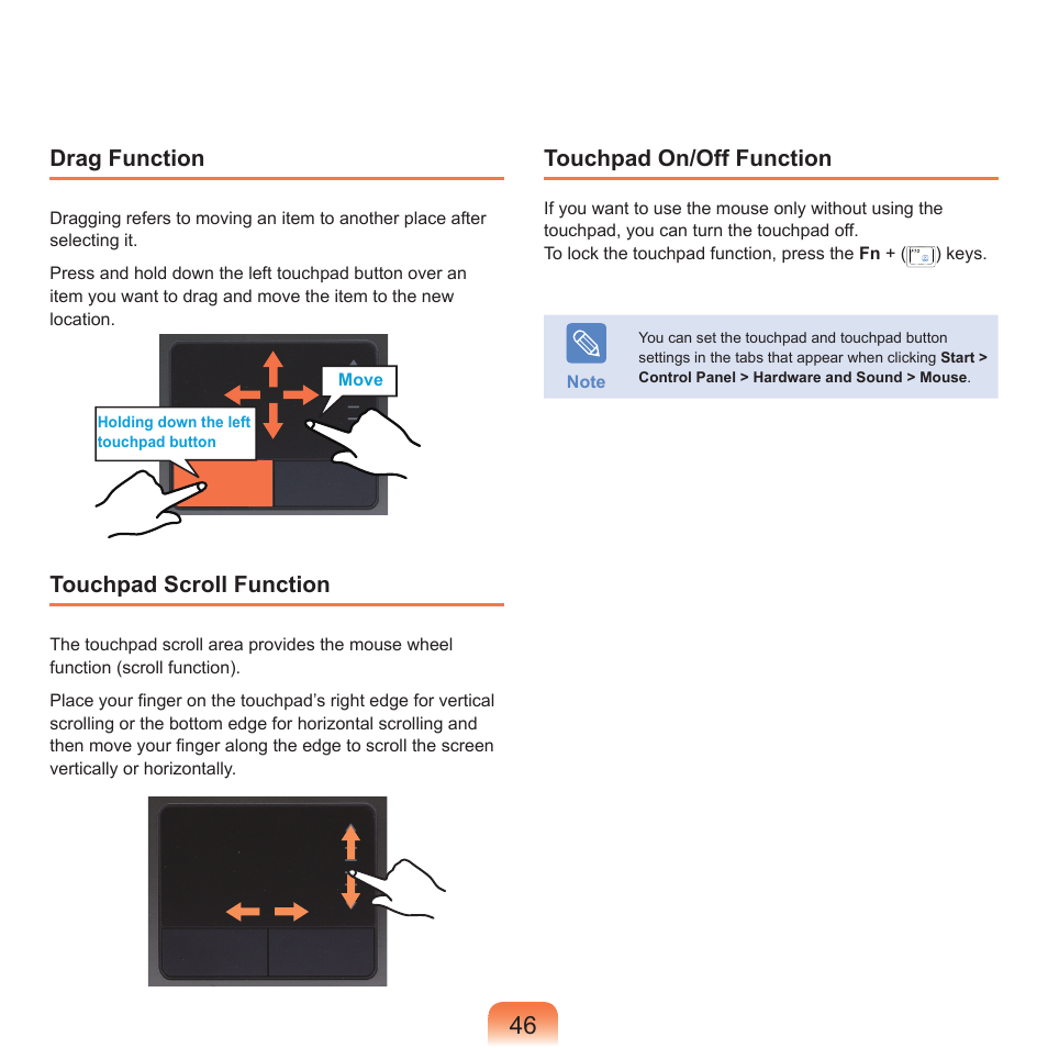 Drag function, Touchpad scroll function, Touchpad on/off function | Samsung Q71 User Manual | Page 47 / 191