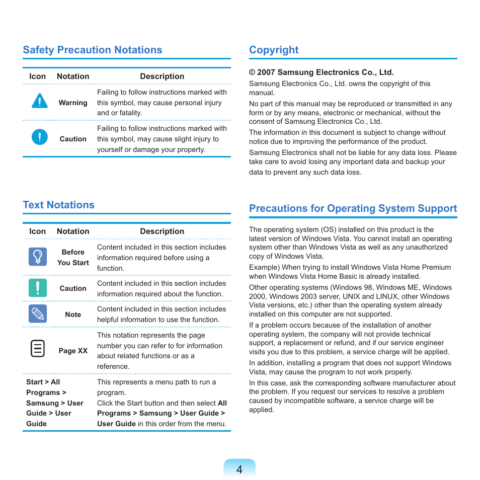 Safety precaution notations, Text notations, Copyright | Precautions for operating system support | Samsung Q71 User Manual | Page 5 / 191