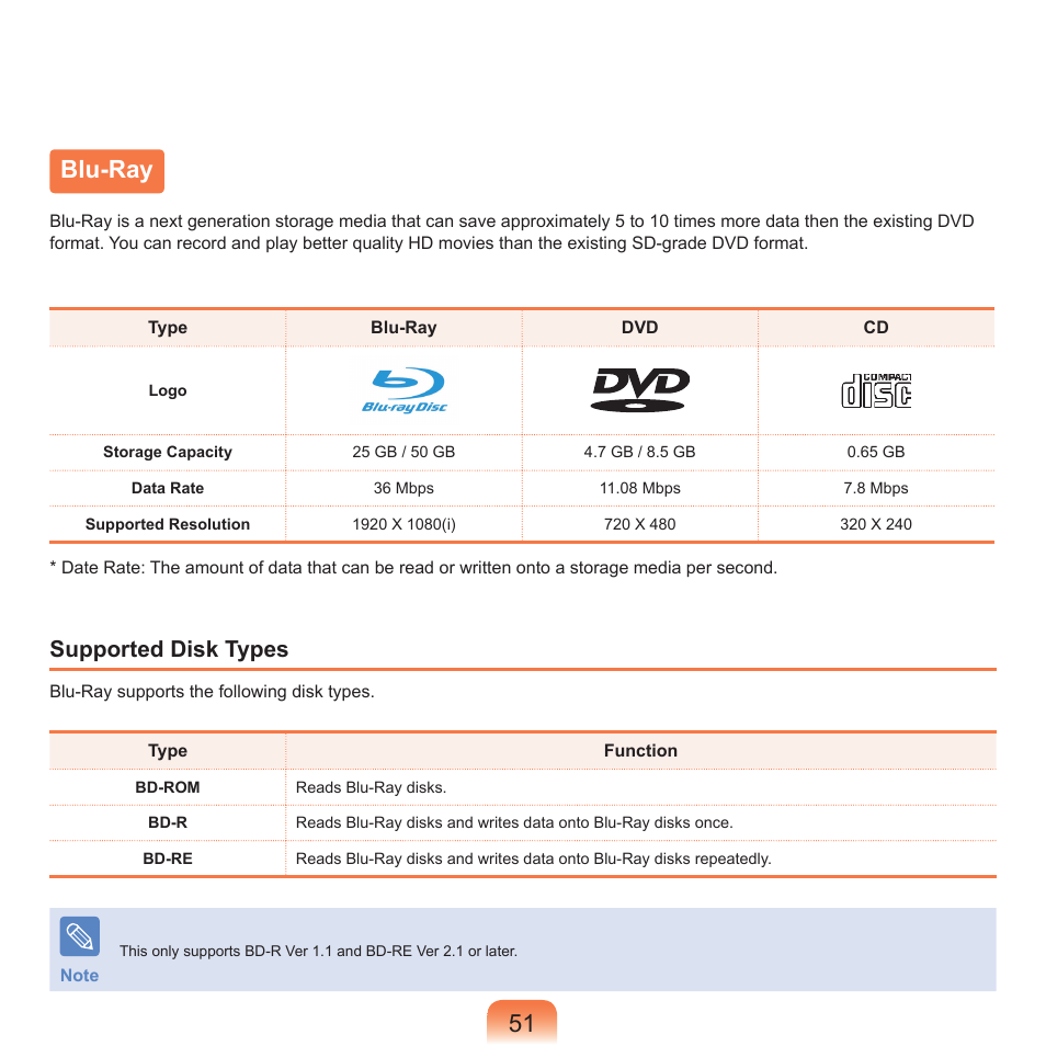 Blu-ray, Supported disk types | Samsung Q71 User Manual | Page 52 / 191