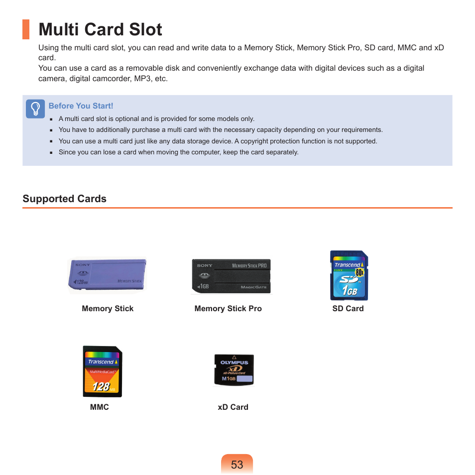 Multi card slot, Supported cards | Samsung Q71 User Manual | Page 54 / 191