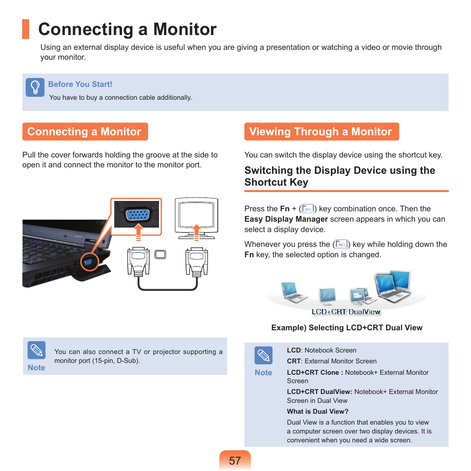 Connecting a monitor, Viewing through a monitor, Connecting a monitor viewing through a monitor | Samsung Q71 User Manual | Page 58 / 191