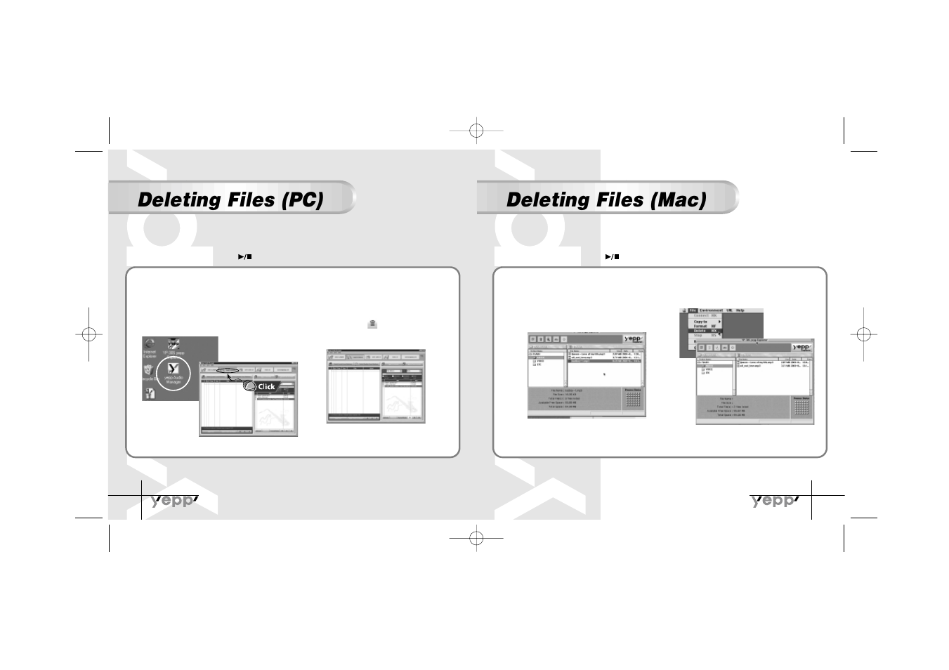 Deleting files (pc), Deleting files (mac) | Samsung YP-30SH User Manual | Page 20 / 30