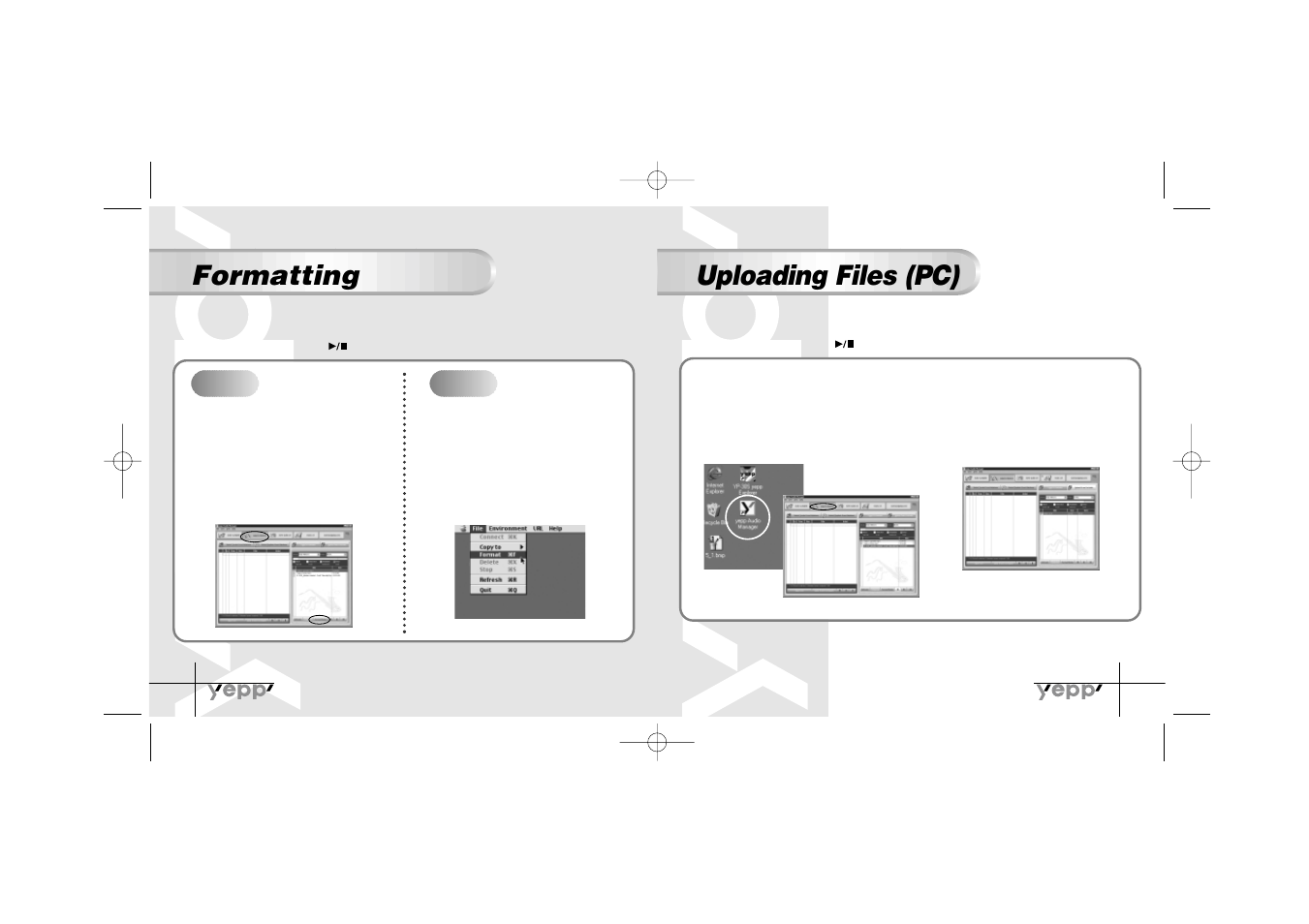 Uploading files (pc), Formatting | Samsung YP-30SH User Manual | Page 22 / 30