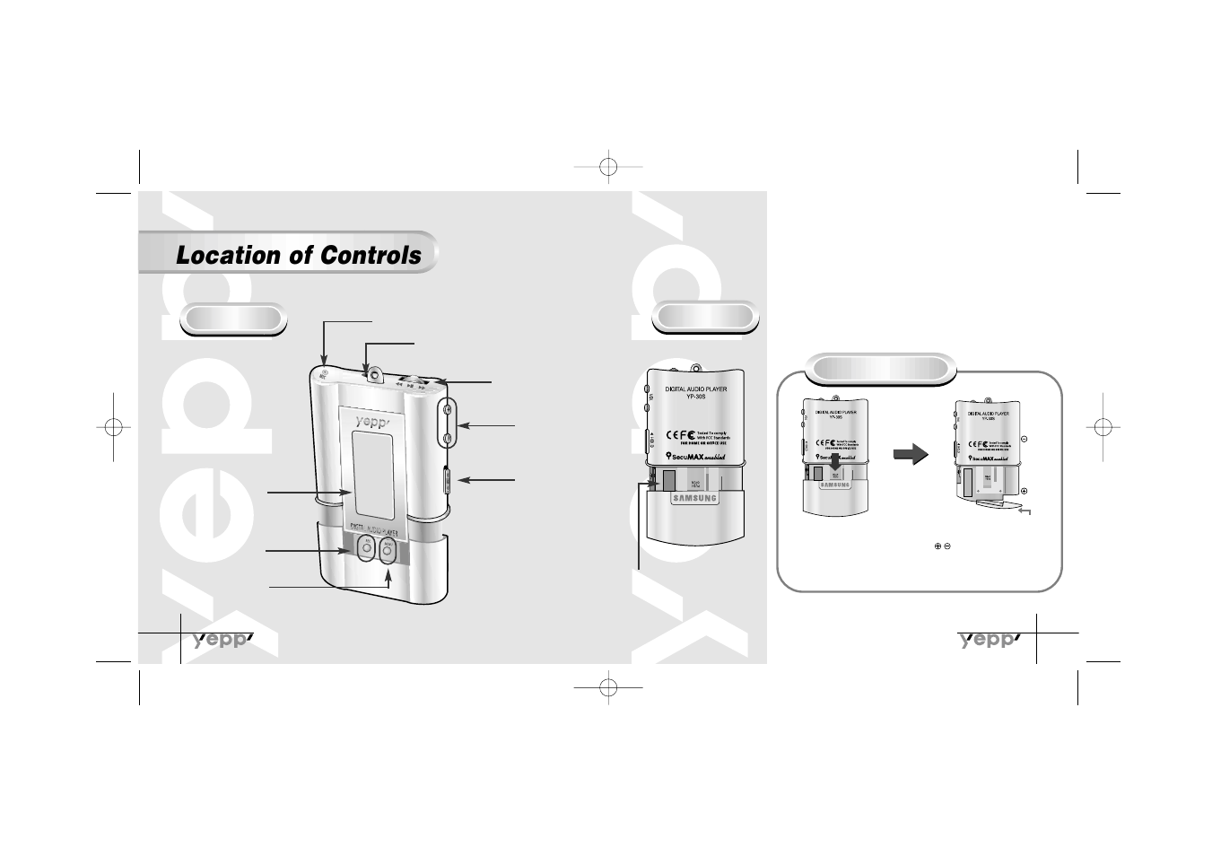 Location of controls, Front rear | Samsung YP-30SH User Manual | Page 4 / 30