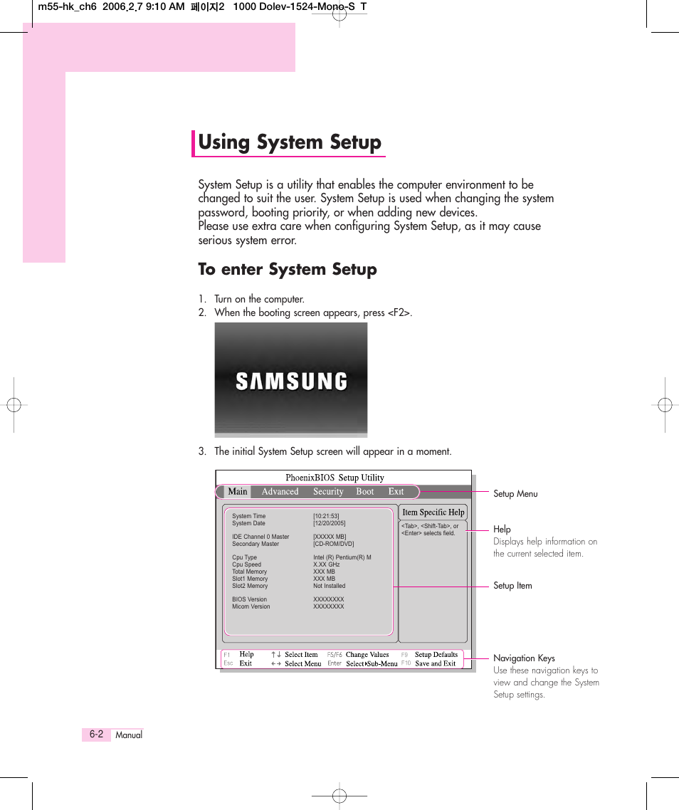 Using system setup, To enter system setup | Samsung M55 User Manual | Page 114 / 161