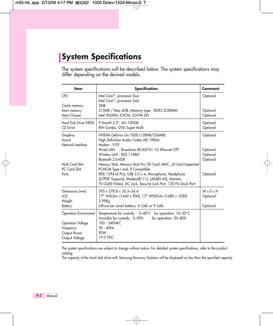 System specifications | Samsung M55 User Manual | Page 154 / 161