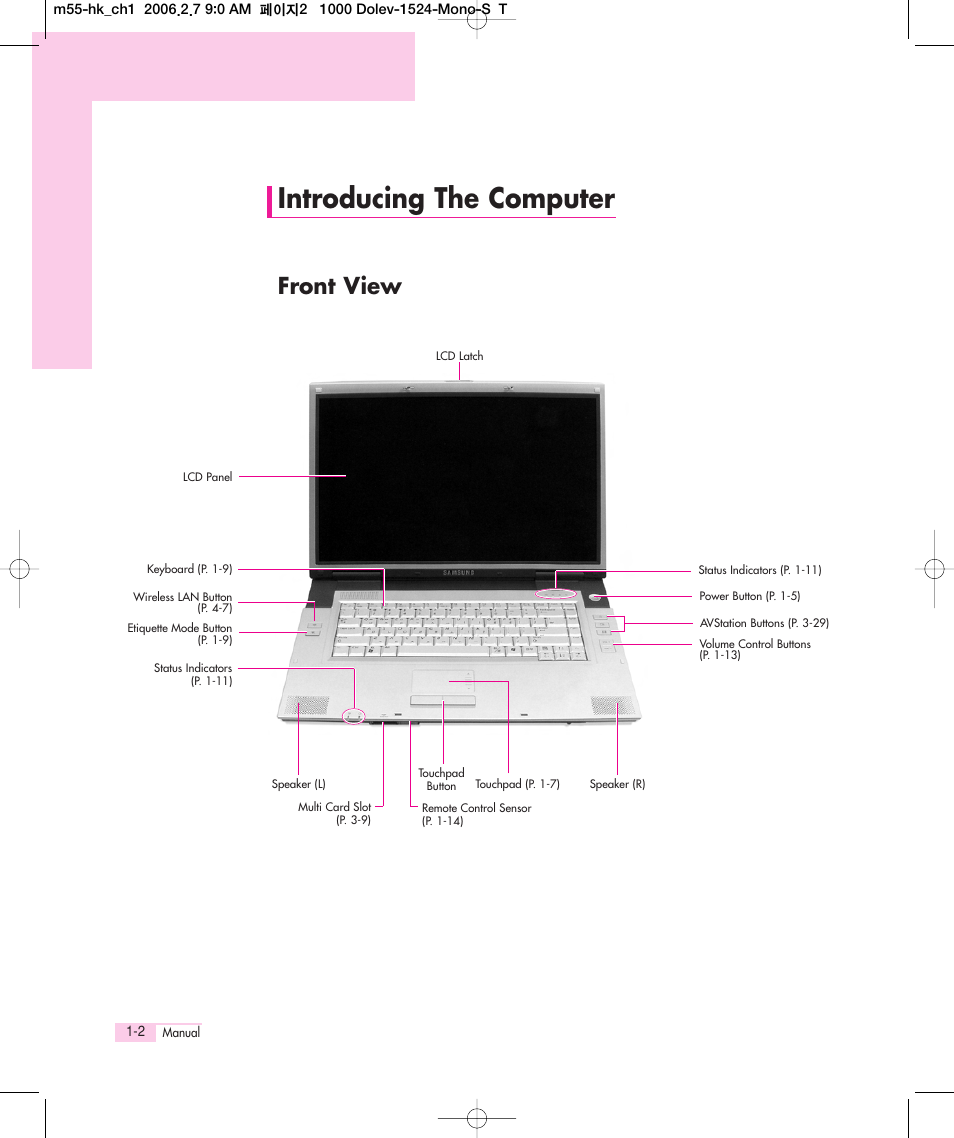 Introducing the computer, Front view | Samsung M55 User Manual | Page 6 / 161