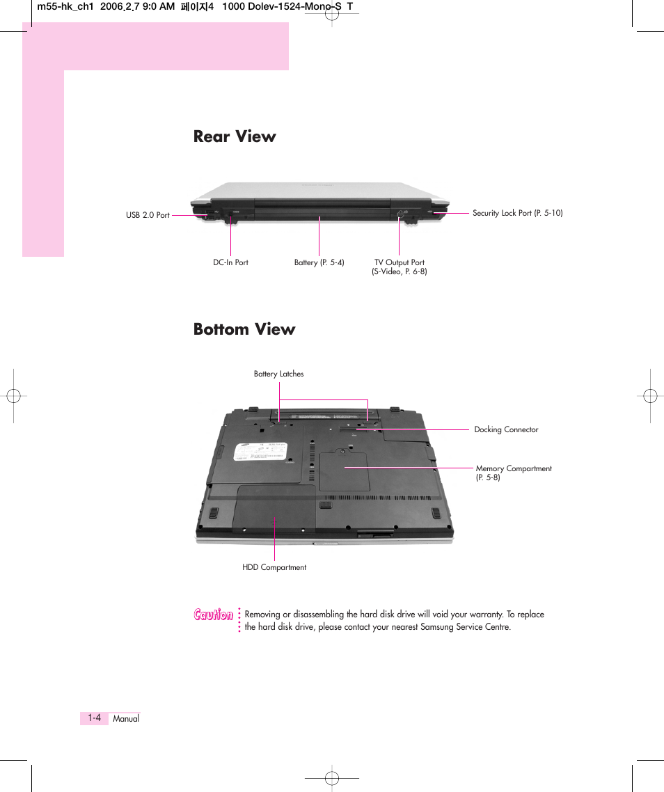 Rear view, Bottom view, Rear view bottom view | Samsung M55 User Manual | Page 8 / 161