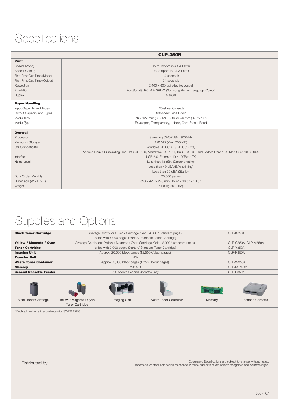 Specifications, Supplies and options | Samsung CLP 350N User Manual | Page 4 / 4