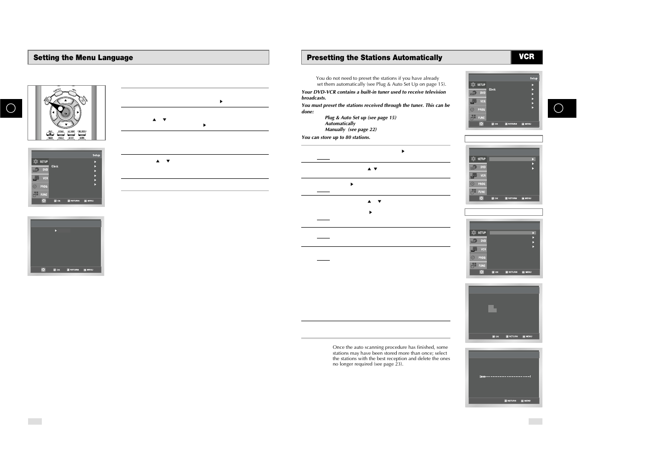 Presetting the stations automatically, Setting the menu language | Samsung DVD-V85 User Manual | Page 11 / 37