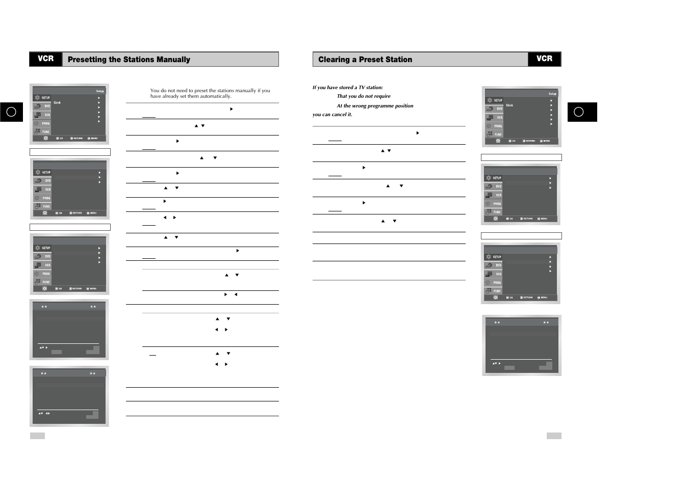 Clearing a preset station, Vcr presetting the stations manually | Samsung DVD-V85 User Manual | Page 12 / 37