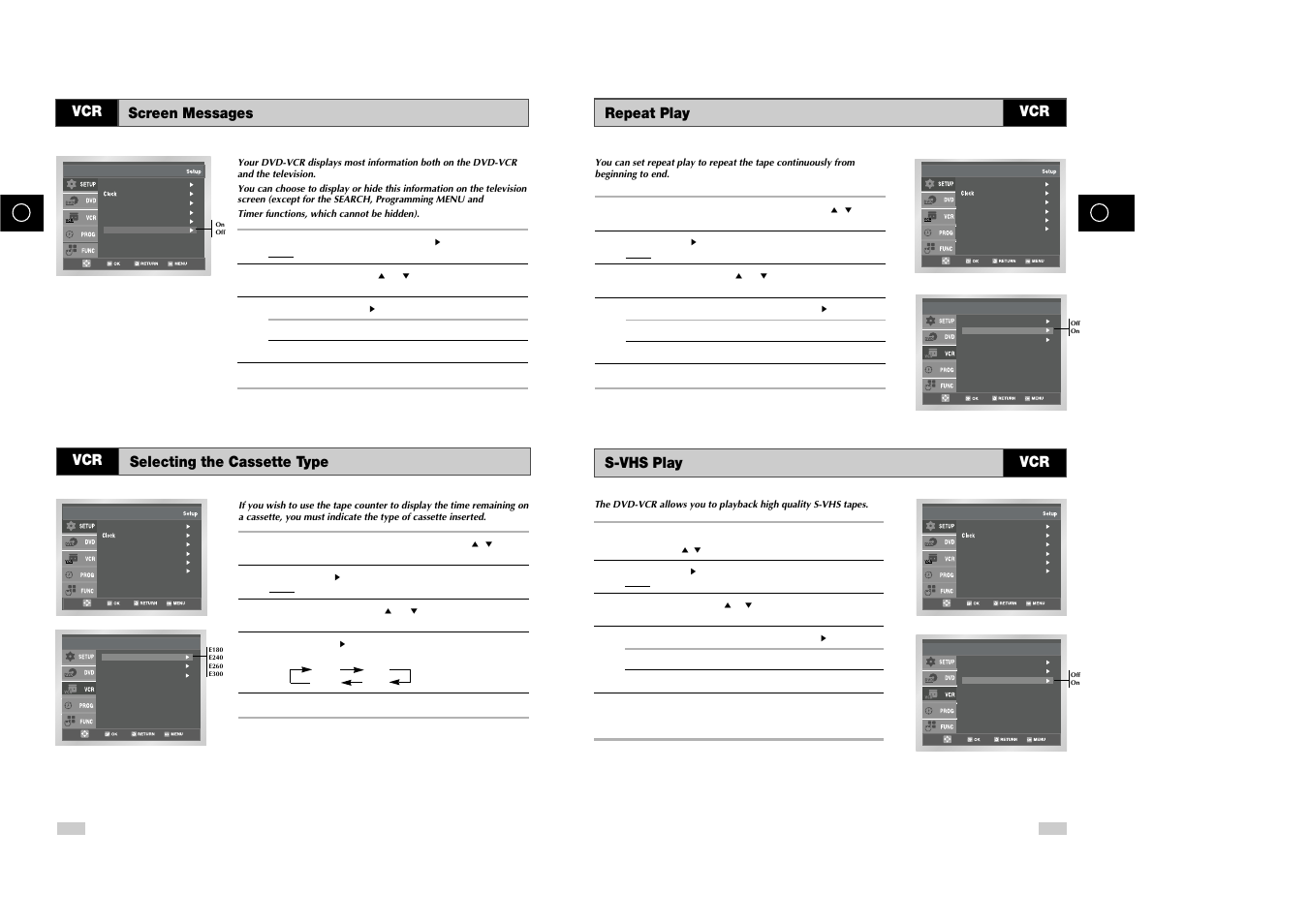 Repeat play s-vhs play, Screen messages selecting the cassette type | Samsung DVD-V85 User Manual | Page 16 / 37