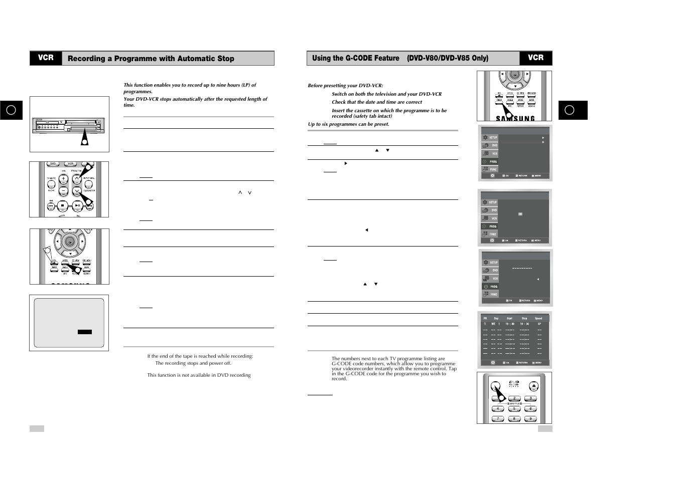 Eject standby/on dvd prog vcr line2, Using the g-code feature ★ (dvd-v80/dvd-v85 only), Recording a programme with automatic stop | Samsung DVD-V85 User Manual | Page 18 / 37