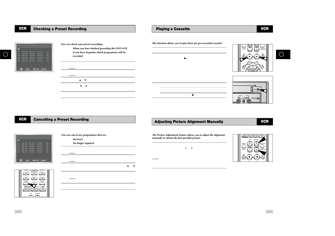 Playing a cassette, Adjusting picture alignment manually | Samsung DVD-V85 User Manual | Page 20 / 37