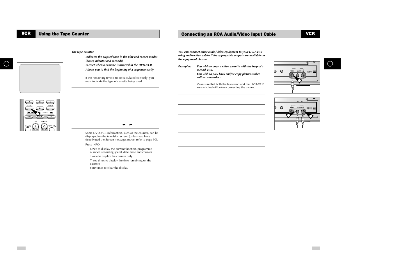 Connecting an rca audio/video input cable, Using the tape counter | Samsung DVD-V85 User Manual | Page 23 / 37