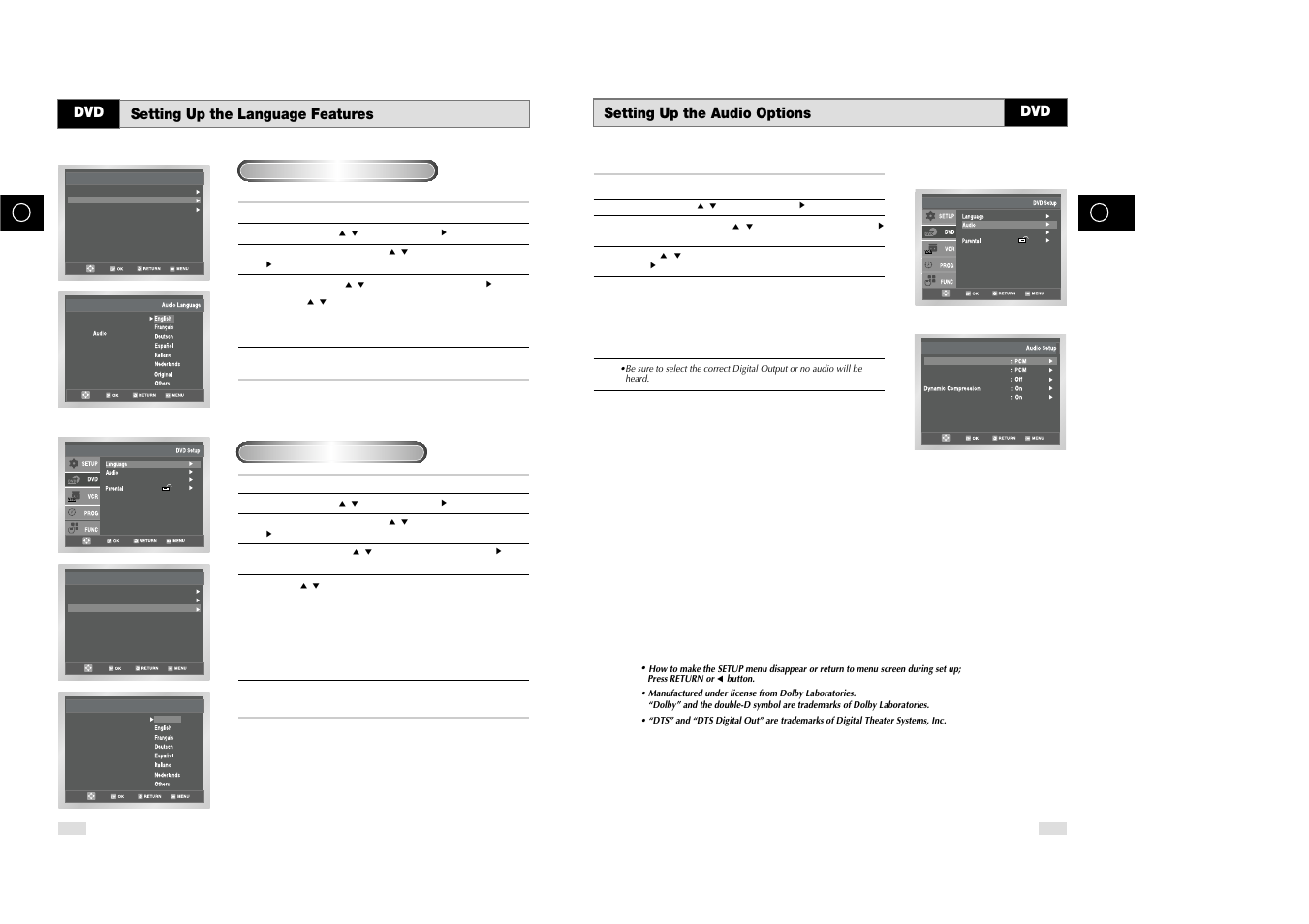 Setting up the audio options, Setting up the language features dvd | Samsung DVD-V85 User Manual | Page 27 / 37