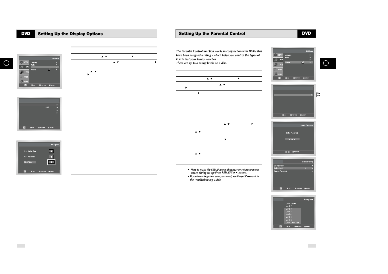 Setting up the parental control, Setting up the display options | Samsung DVD-V85 User Manual | Page 28 / 37