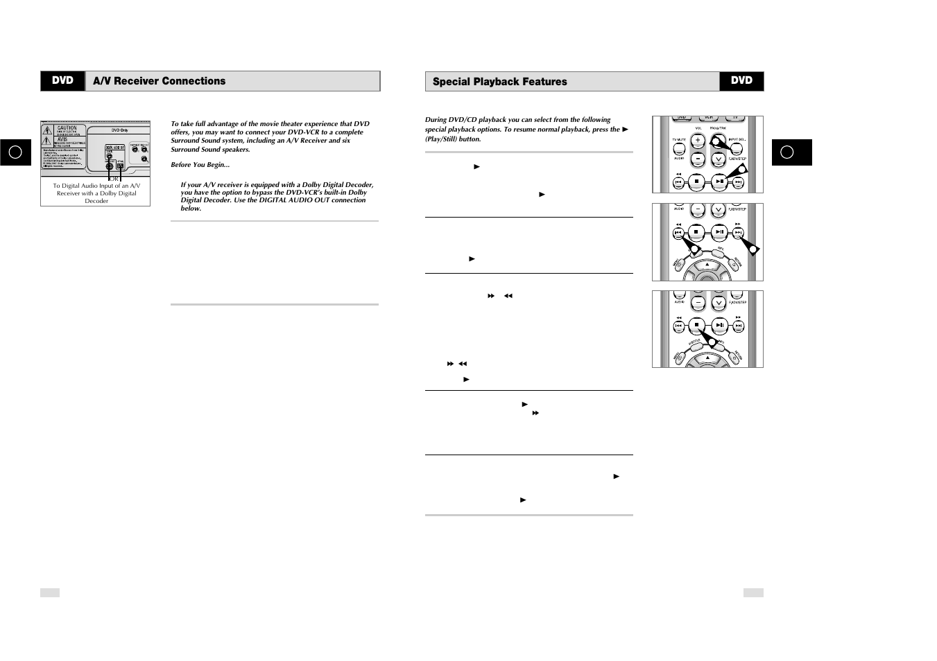 Special playback features, A/v receiver connections | Samsung DVD-V85 User Manual | Page 29 / 37