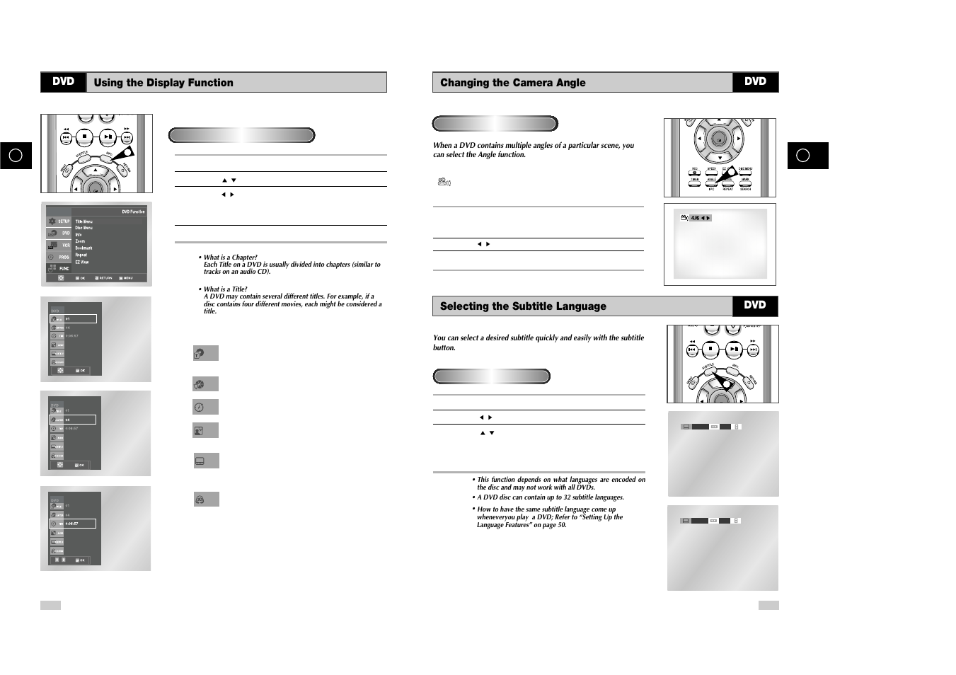 Selecting the subtitle language dvd, Changing the camera angle dvd, Using the display function dvd | Samsung DVD-V85 User Manual | Page 31 / 37