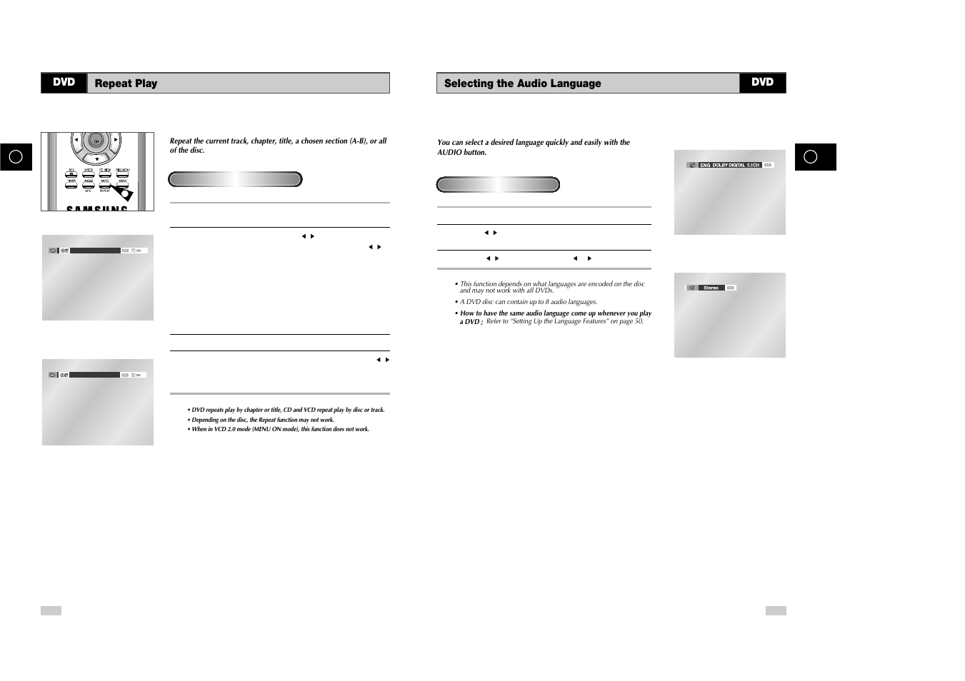 Selecting the audio language, Repeat play | Samsung DVD-V85 User Manual | Page 32 / 37