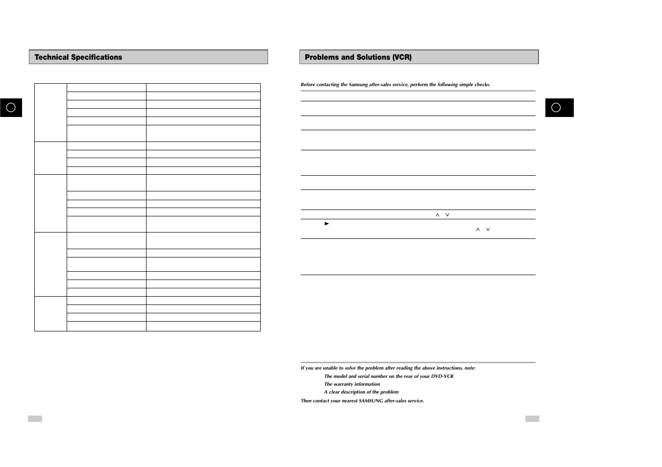 Problems and solutions (vcr), Technical specifications | Samsung DVD-V85 User Manual | Page 36 / 37