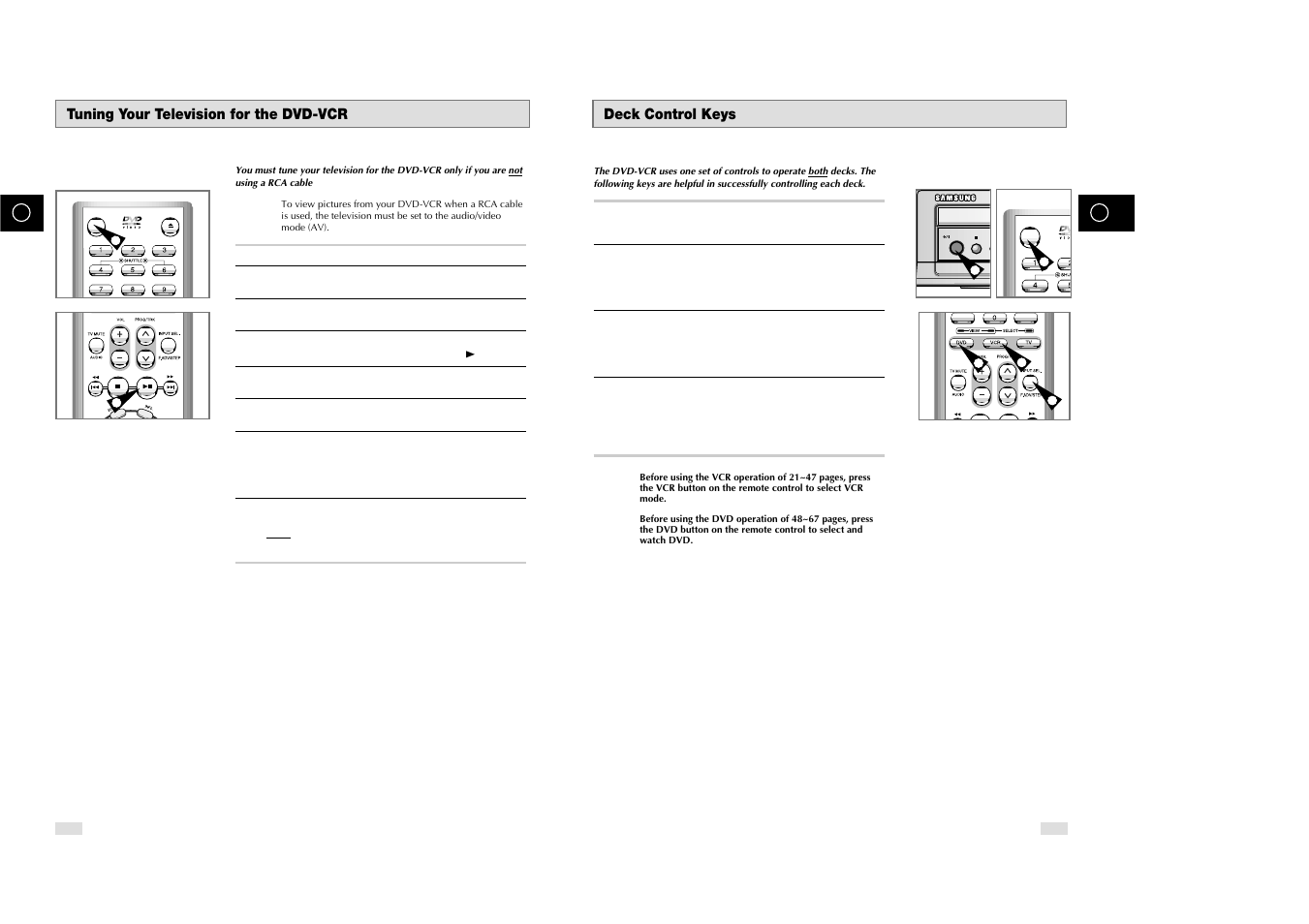 Deck control keys, Tuning your television for the dvd-vcr | Samsung DVD-V85 User Manual | Page 9 / 37