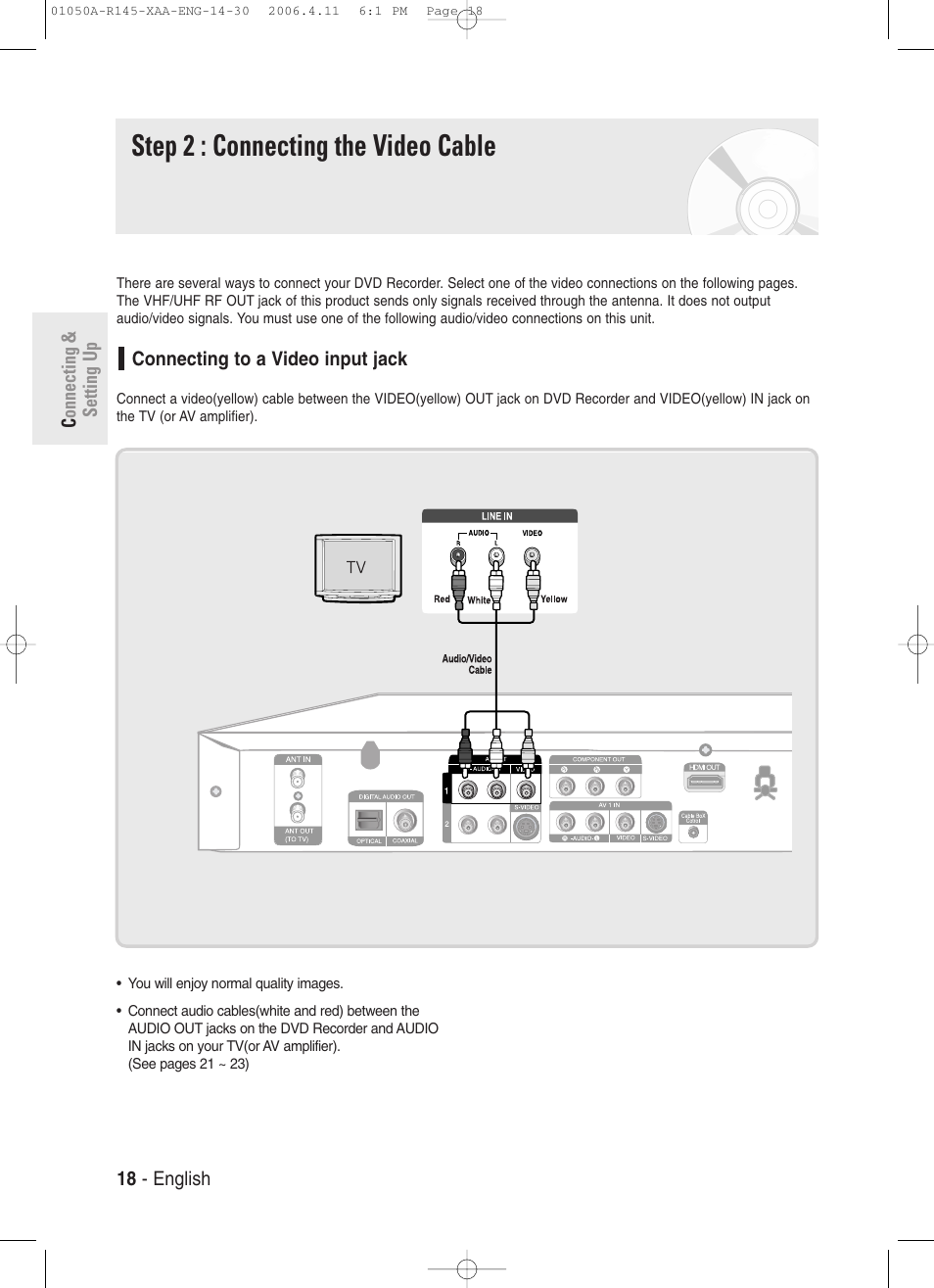 Step 2 : connecting the video cable | Samsung DVD-R145 User Manual | Page 18 / 111