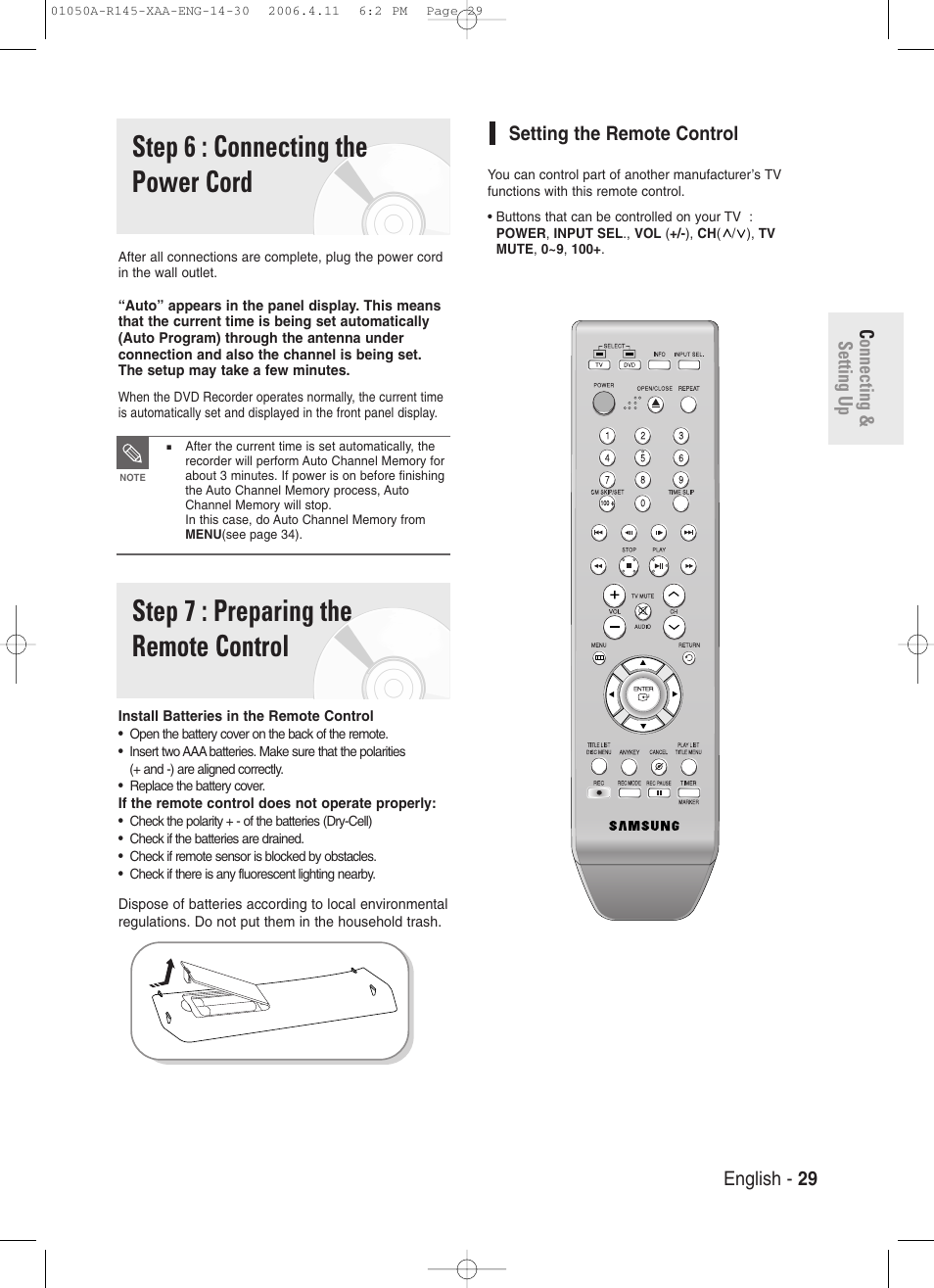 Step 6 : connecting the power cord, Step 7 : preparing the remote control, Connecting & setting up english - 29 | Setting the remote control | Samsung DVD-R145 User Manual | Page 29 / 111