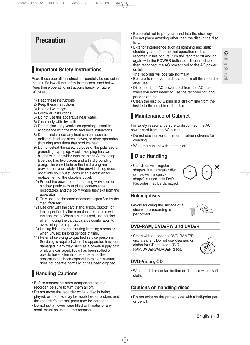 Precaution, Important safety instructions, Handling cautions | Maintenance of cabinet, Disc handling | Samsung DVD-R145 User Manual | Page 3 / 111